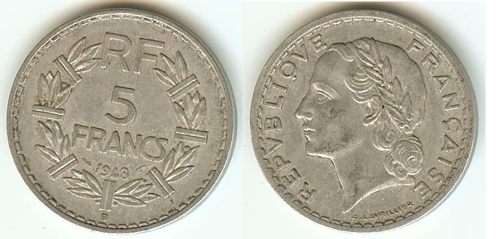 5 Francs Lavrillier 1948B Beaumont le Roger TTB+